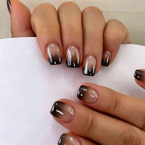 SXVME Chrome Press On Nails Short Square, 30 Pcs Glazed Ombre Brown False Nails Short with Mirror Finish, Sparkly Nude French Fake Nails Press on, Soft Gel Stick on Nail for Women Fall Manicure