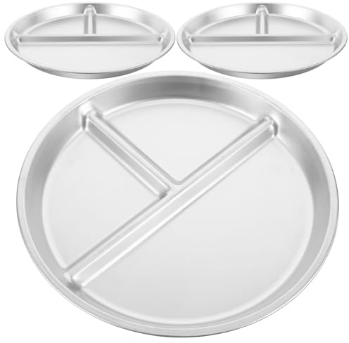 VOSAREA Assiettes Rondes avec 3 Compartiments en Acier Inoxydable Lot de 3 Design Portable et Séparation des Aliments, pour Pique-niques et Cuisines à Espace Limité