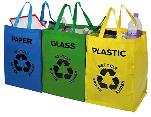 Recycling Bags – Set of 3 Heavy Duty Colour Coded Reusable Paper Plastic Glass Household Recycle Waste Bin Sack Sorting with Strong Handles and Secure Attachments for Home Office Work Garden