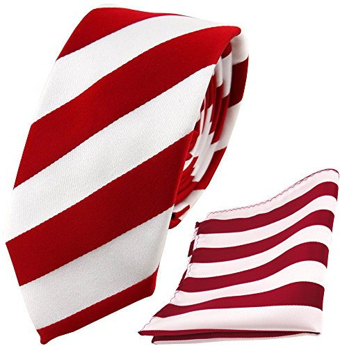 TigerTie schmale Designer Krawatte Designer Einstecktuch in rot signalrot weiss gestreift - Krawattenbreite 6 cm