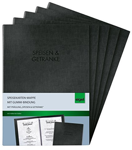 SIGEL SM111/5 Speisekarten-Mappen mit Gummi-Bindung für A4, 5-er Pack, schwarz mit edler Leinenstruktur, strapazierfähig und leicht abwischbar