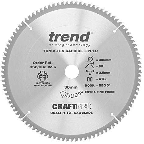 Trend Wood Mitre Saw Blade, 305mm Diameter, 30mm Bore, 96 Teeth, 3mm Kerf, -5° Hook, TCT, Extra-Fine Finish, CSB/CC30596