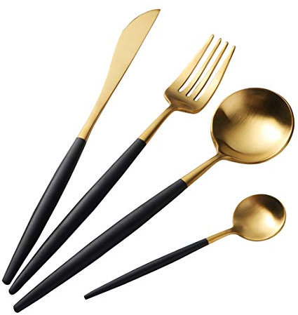 Buyer Star Cuberteria Oro 4 Piezas Acero Inoxidable Juego de Utensilios Lujo Vajilla Dorado Cuchillo Tenedor con Mango Negro Set de Vajilla