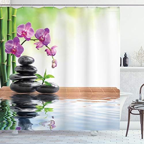 ABAKUHAUS asiatisch Duschvorhang, Spa Spring Water Gesundheit, Stoffliches Gewebe Badezimmerdekorationsset mit Haken, 175 x 220 cm, Lila Grün