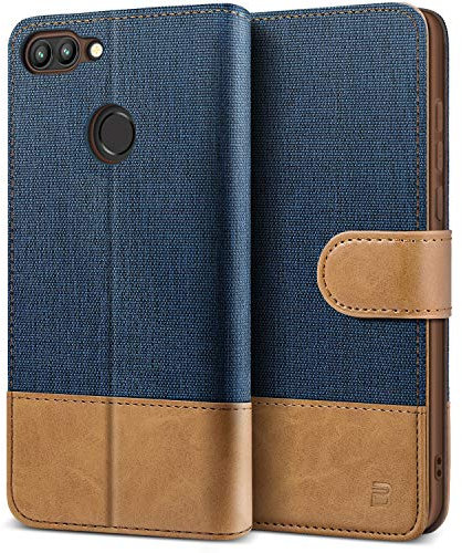 BEZ® Coque pour Huawei P Smart, Etui pour Huawei P Smart 2017 Housse en Cuir de Protection, Portefeuille en Cuir Polyuréthane, Crochet, Pochette pour Monnaie, Fermeture Magnétique, Bleu