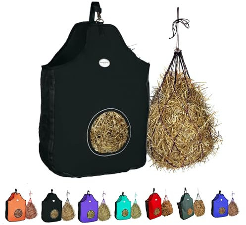 Majestic Ally 1200 D,Bolsa para comedero de heno para Caballos, ovejas, Borde Reflectante, Reduce los desechos, Viene con Red de heno de 36 Pulgadas (Negro)