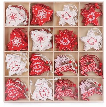 Wooden Christmas Tree Decorations - 48 Pieces - Stars, Reindeer, Christmas Trees & Bells