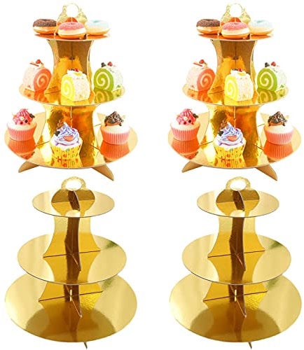 WUWEOT Pack of 4 Round Cardboard Cupcake Stand, 3-Tier Gold Cupcake Holder for Wedding, Birthday Party, Baby Shower and Graduation