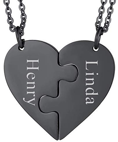JewelryWe Schmuck Personalisierte Halskette mit Gravur, 2PCS Herz Puzzleteile Anhänger Edelstahl Partner Pärchen Freunde Kette Geschenk Schwarz