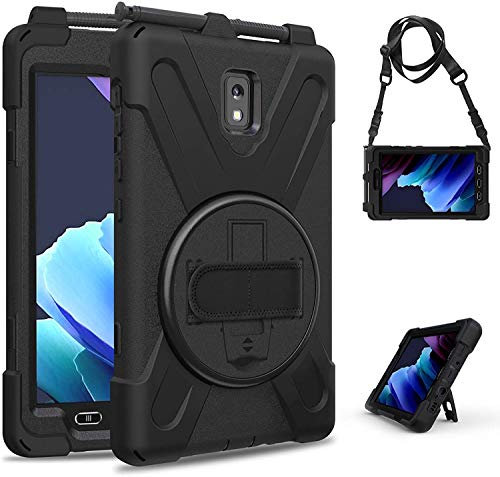 LEHEE Hülle für Samsung Galaxy Tab Active 3 8.0 Zoll, Drehbarer Handschlaufe /360-Grad-Ständer und Schulter Schutz Hülle für Samsung Tab Active 3 T570/T575, Schwarz