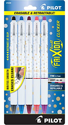 PILOT FriXion Clicker Erasable Design Collection Dots, Refillable & Retractable Gel Ink Pens, Fine Point (0.7mm), Assorted Ink, 5-Pack (15220)