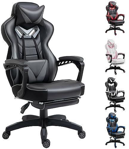 Vinsetto Computer Gaming Chair, Racing Desk Chair with Lumbar Support and Footrest, PU Leather Gamer Chair with Headrest and Swivel Wheels for Home, Grey