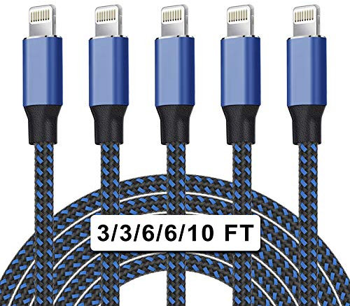 WACAUR [Apple MFi Certified 5Pack(3/3/6/6/10ft) Nylon Braided iPhone Charger Lightning Cable Fast Charging&Syncing Long Cord Compatible iPhone 12/11Pro Max/11Pro/11/XS/Max/XR/X/8/8P/7 More-Black&Blue