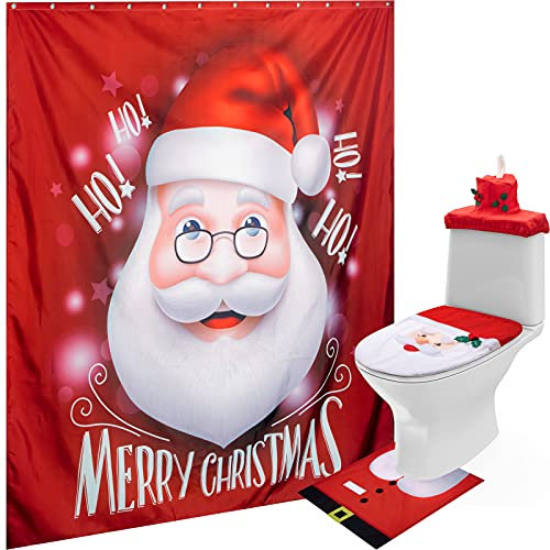 Tatuo 4 Pieces Christmas Bathroom Set Santa Shower Curtains and Toilet Seat Cover Set, Santa on the Toilet Ornament for Christmas Home Decorations Bathroom Decor