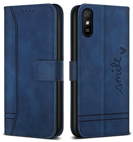 Bravoday Hülle für Xiaomi Redmi 9A / Redmi 9AT, PU Ledertasche Handyhülle Flip Schutzhülle Kompatibel mit Xiaomi Redmi 9A / Redmi 9AT, mit Kartenfäch & Kickstand, Blau