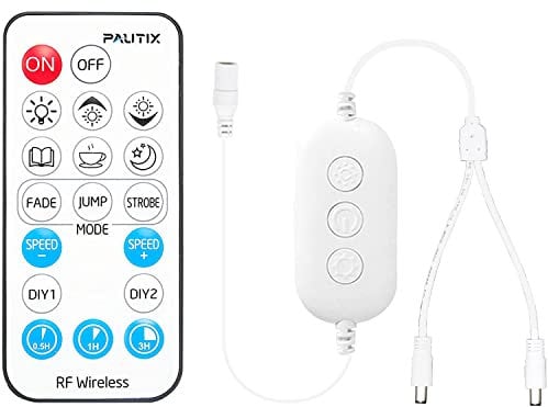 PAUTIX RF Ferndimmer für einfarbige LED Lichtbänder, drahtlose18-Tasten Fernbedienung und 1 bis 2 DC Splitterkabel Inline-Controller DC 5-24V für 3528/2835/5050/COB LED Bandleuchten, Timer Funktion