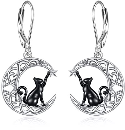 VONALA Mond Katze Ohrringe Hängend 925 Sterling Silber Keltisch Schmuck Goth Halloween Geschenke für Damen Mädchen
