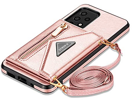 GUVAGI für Samsung Galaxy A53 5G Hülle mit Band Handykette Handyhülle,Flip 4-Karten Leder Klappbar Reißverschluss Handytasche Mädchen Case mit Abnehmbar Kette Schnur Tasche Hinten Umhängen (Rosa)
