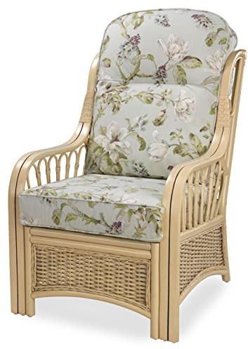 Desser Vale Rattan Conservatory Chair – Fully Assembled Armchair in Natural Wash Frames – Indoor Wicker Cane Settee with UK Made Cushions in Floral Lily Fabric - H100cm x W65cm x D87cm