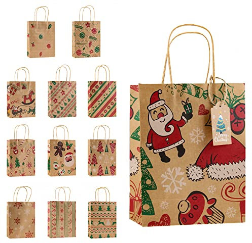 Geschenktüten Weihnachten Kraft Papier Braun - 12 Stück Papiertüten Kraftpapier Geschenktasche mit Henkel - Nikolaus Papiersackerl Geschenk Tüten zum Befüllen Bio Weihnachts Tasche Geschenkbeutel Set