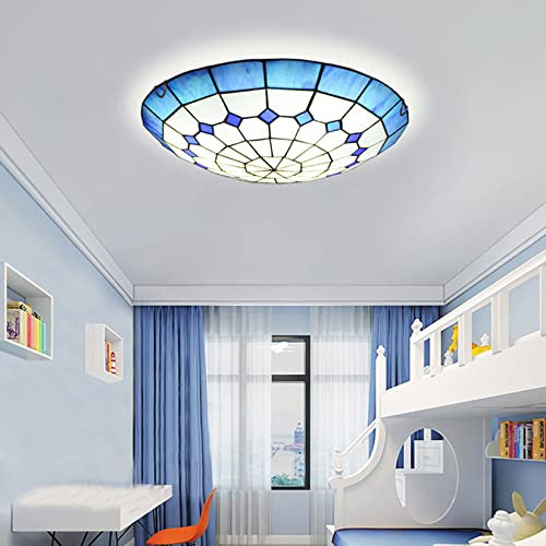 BOTOWI Deckenleuchte, Tiffany-Stil Buntglaslampe, Blaue mediterrane Lampe, 16 Zoll viktorianische Kuppel bündig montierte Deckenleuchte für Schlafzimmer Esszimmer Wohnzimmer Foyer Küche Balkon