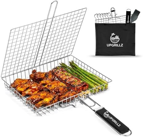 Cesta de parrilla de pescado para barbacoa al aire libre, cesta de acero inoxidable para asar verduras con mango desmontable y plegable, incluye 5 pinchos de acero inoxidable, cepillo para untar y