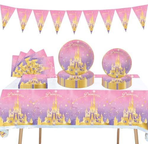 PIUMOJ Vaisselle de fête de Princesse, Vaisselle Anniversaire Princesse, Assiettes Anniversaire Princesse Château, Serviettes, Nappe, Décoration de fête de Princesse pour Enfant Fille, 10 Invités