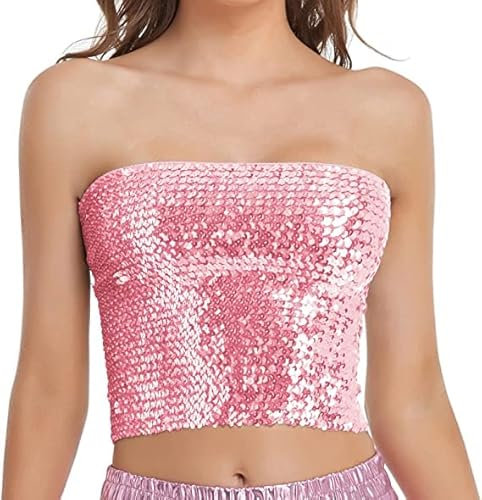 Aohhy Top da donna con paillettes scintillanti, elasticizzato, per feste, discoteca, top a tubo, top corto a sirena, senza spalline, top metallico per feste e club, per busto 60-99,8 cm, rosa, Taglia