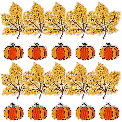 Lucleag 20 Stück Kürbis Ahornblatt bestickte Flicken, Herbstthema zum Aufbügeln bestickt zum Aufnähen oder Aufbügeln bestickt für DIY Handwerk Halloween Thanksgiving Herbst Kleidung Dekorationen