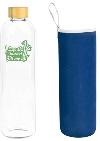 Bouteille d'eau en verre 1,5 l 1500 ml avec couvercle en bambou et verre Borosilicate avec housse en néoprène bleu écologique recyclable, réutilisable, sans toxines, sans BPA