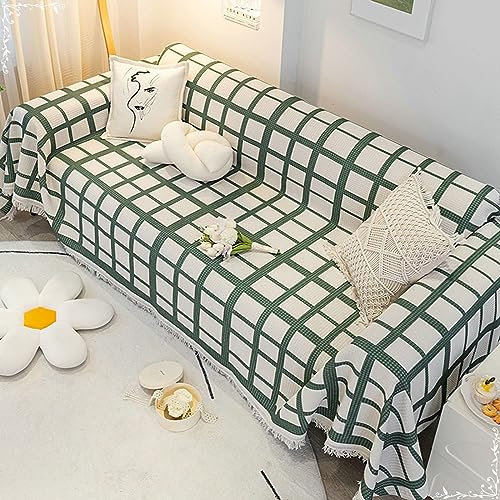 Homxi Sofabezug 4 Sitzer Ecksofa,180x360CM,Sofahusse Universel Quadratisches Muster mit Quasten Überwurf Sofa Polyester Baumwolle Handtuch Sofa Grün Weiß Sofa Überzug Universal