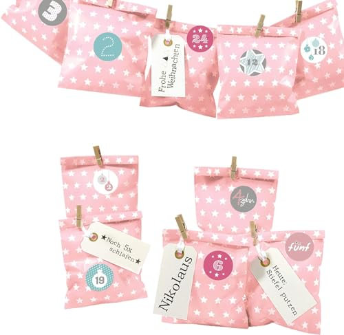 Frau WUNDERVoll® DIY Adventskalender zum Befüllen Bescherung, rosa - weiße Sterne Papiertüten 13x16,5cm, Ziffern pastell/Weihnachten Aufkleber Advent Kalender Kinder Geschenkbeutel