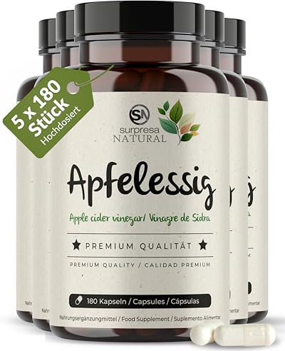 Surpresa Natural Apfelessig Kapseln hochdosiert I 5 x 180 Kapseln I 1000mg Apfelessig pro Tagesdosis I Apfelessig Nahrungsergänzungsmittel vegan & laborgeprüft I Apple cider vinegar