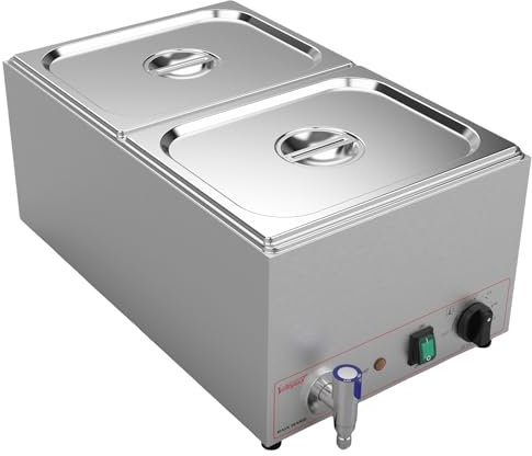 Valgus Commercial Bain Marie Buffet Food Warmer Acier Inoxydable 2 Sections 18L Steam Table avec Couvercle et Robinet pour Maison et Restaurants