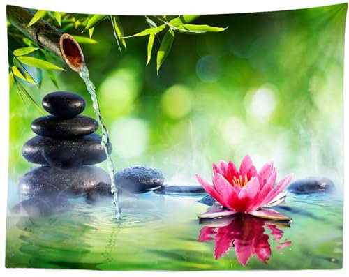 Loccor Zen-Garten-Wandteppich, 203 x 152 cm, grüne Bambus-Zen-Steine, Spa-Wasser, Lotusblüte, Wandbehang, Wandteppich, Entspannung, Bambus-Kerzen für Zuhause, Schlafzimmer, Wohnzimmer, Wohnheim