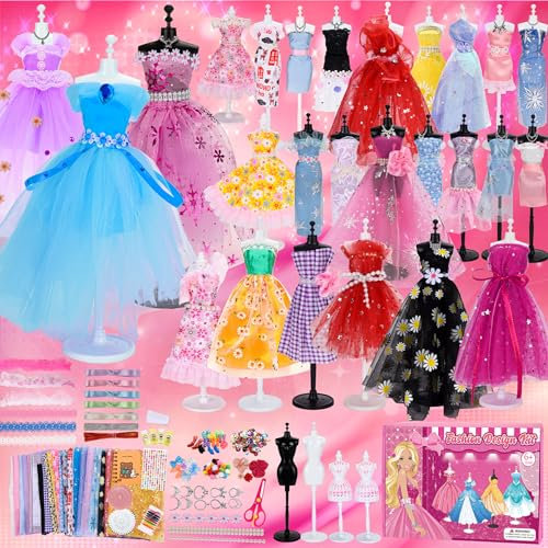 MestectPET 600+ Stücke Modedesign Mädchen Bastelset, DIY Kunst und Bastelset Kleidung Nähsets Kinder Lernspielzeug Kreativität Geburtstag Geschenke für 6-12 Jahre mit 4 Mannequins 30 Stoff