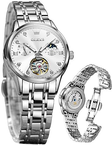 OLEVS Damenuhr Damen Automatik Mechanisch Skelett Luxus Diamant Elegant Edelstahl Wasserdicht Analog Original Silber Uhr