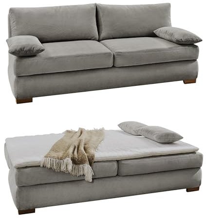 Dauerschlafsofa B201/T110/H88 cm, Tonnentaschenfederkern mit Wellenfedern, inkl. Topper, Bettkasten, Schlaffunktion mit Liegefläche 160x200 cm, Bezug in Feincord Hell-Grau / 15152