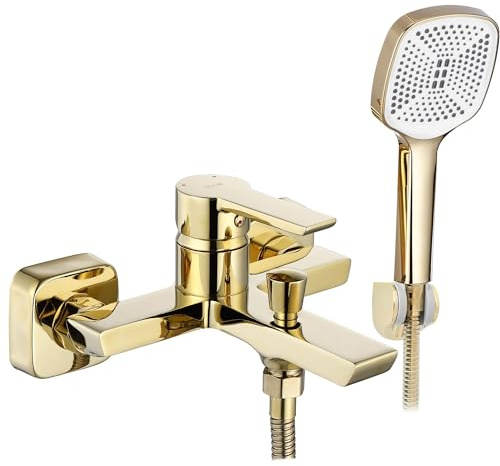 Rea ARGUS GOLD Badewannenarmatur Wasserhahn Badewanne Einhebel Wannenarmatur mit Handbrause Badarmatur aus Messing Mischbatterie (Gold)