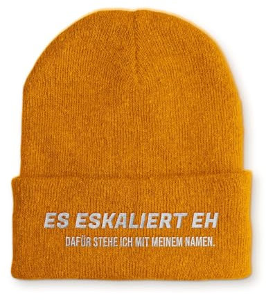 tshirtladen Es eskaliert eh Spruchmütze Strickmütze Wintermütze lustige Beanie mit Stick OneSize Mütze, Farbe: Mustard