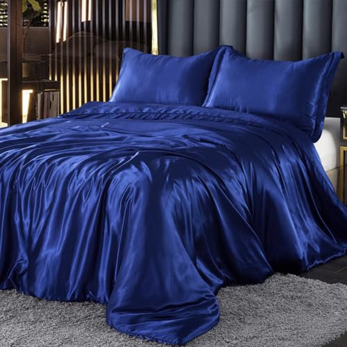DXHOME Bettwäsche 220x240 Satin Blau Glänzend Seide Glatt Einfarbig Glanzsatin Bettwäsche Bettbezug Doppelbett Set Luxus Microfaser Bettwäscheset mit Reissverschluss und Kissenbezüge 80x80 cm