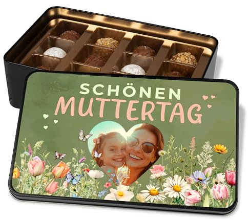 Foto-Geschenk zum Muttertag: Pralinendose „Schönen Muttertag – Blumenwiese“– mit Bild personalisiert – Metalldose mit 12 Pralinen – Schokolade Geschenkidee Muttertagsgeschenk
