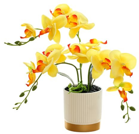 Fiore Artificiale di Orchidea a Tre Punte Arancione in Vaso con Fondo Dorato Fiore Decorativo Phalaenopsis con Vaso di Fiori Farfalla di Simulazione Bianco (giallo)