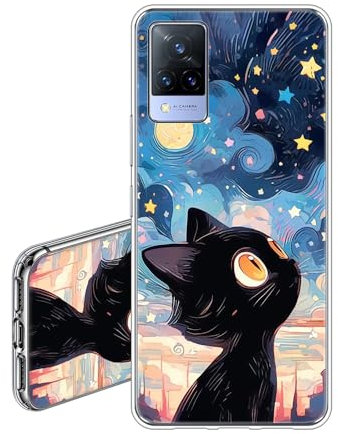 JEZSTHAI Coque Compatible avec Vivo V21 5G Housse Silicone TPU Transparente Souple Antichoc,Étui de Protection avec Motif Dessin Esthétique,Chat