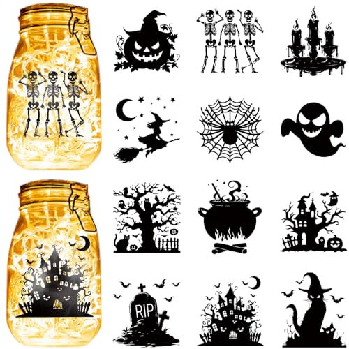 CREATCABIN 12 Stück Halloween-Silhouetten Einmachgläser,Lasergeschnittener Karton,Geister-Totenkopf,Gestanzte PVC-Gläser,Scrapbook-Dekorationen Für DIY-Bastelarbeiten,Licht,Ohne Aufkleber,10x9cm