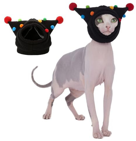 Cat Fleece Funny Hats with pom-poms, Cats Warm Hats with Adjustable Straps, Halloween Costume Hats for Cats, Headwear for Cats Birthday (Black, L(Face Circle 10-11''))