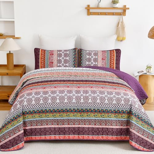 WONGS BEDDING Boho-Steppdecken-Set für King-Size-Bett, lila, 3-teilig, Bohemian-Stil, gestreift, Patchwork, Tagesdecke, Überwurf, leichte weiche Mikrofaser, Bettwäsche-Set für alle Jahreszeiten (264,2