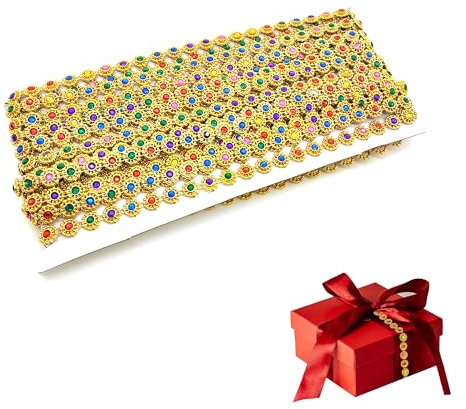 LIANCHEN 9m Blume Form Schillernde Kristall-Girlande paillettenborte Golden Farbiges Glitzer Spitzenband National Kleidung Zubehör für Weihnachten, Nähen, DIY Handwerk (Golden)
