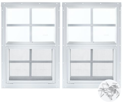 30,5 x 45,7 cm Schuppenfenster, 2 Stück, weiß, bündig montiert, Haushaltsfenster mit gehärtetem Glas und Fiberglas-Bildschirm für Schuppen, Garage, Hühnerstall, Spielhaus, kleines Haus