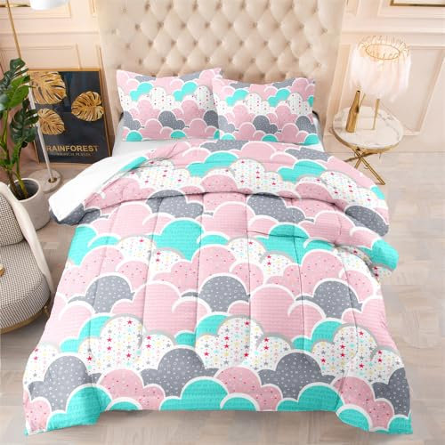 Gestepptes Bettwäsche-Set für Einzelbett, türkis-rosa Stern-Design, für alle Jahreszeiten, Mikrofaser-Tagesdecke mit atmungsaktiver Steppdecke, weicher gesteppter Überwurf und 2 Kissenbezügen (140 x